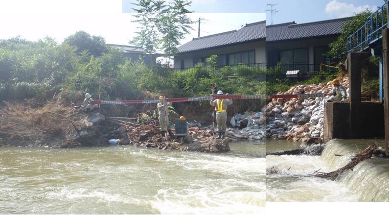 平成22年7月の豪雨により新郷瀬川の堤防が一部崩壊