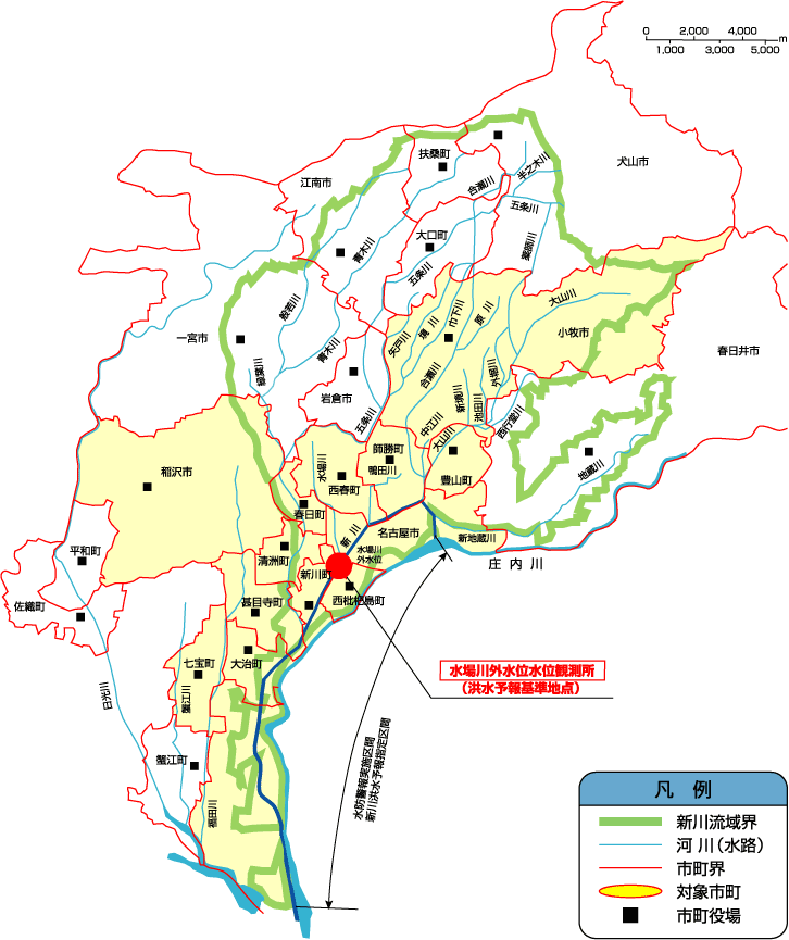 新川洪水予報の指定区間と対象市町のマップ