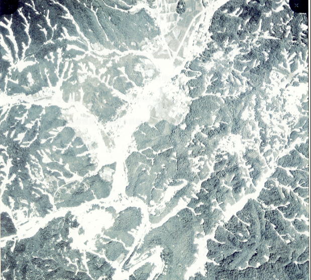豊田市木瀬町上空からの空中写真（白く写っている部分が山崩れや土石流が発生した箇所）
