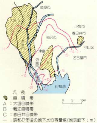 濃尾平野昭和20年代の自噴帯分布図と昭和47年頃の地下水位