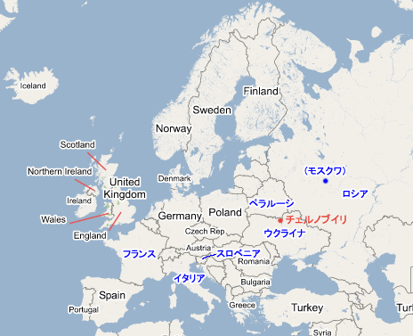 チェルノブイリの位置のマップ
