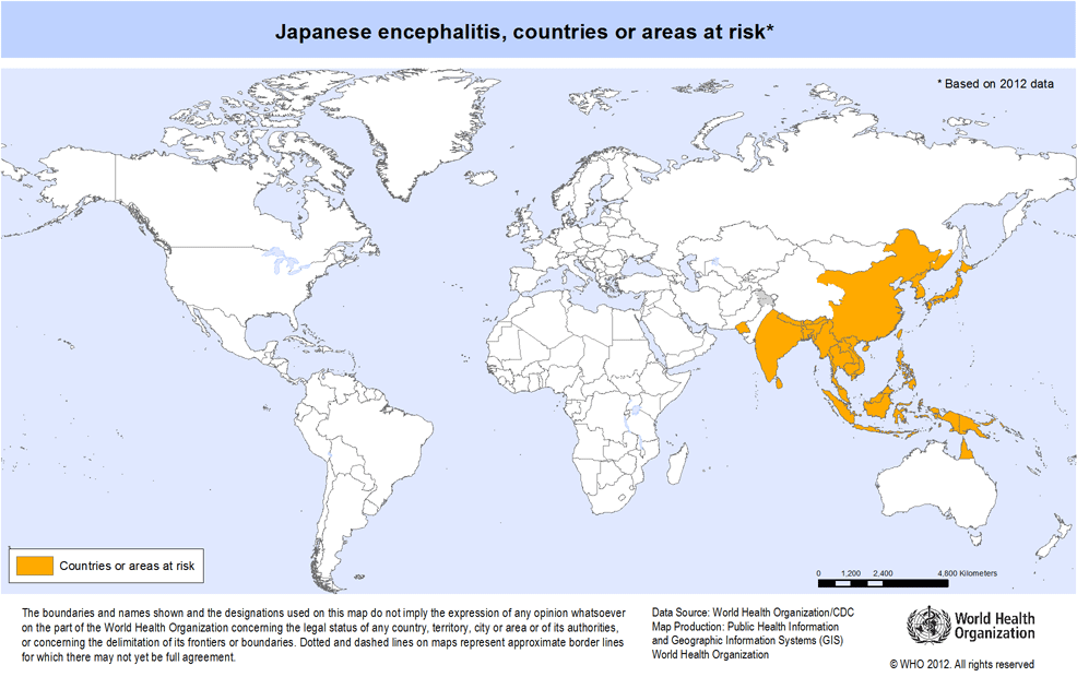 日本脳炎の感染リスクがある地域の地図