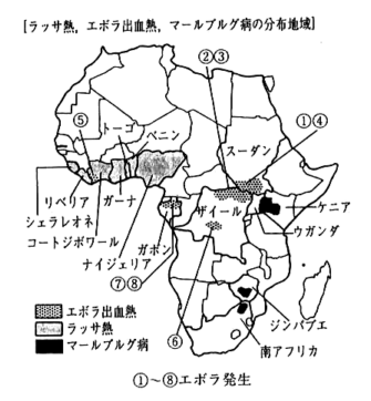 ラッサ熱、エボラ出血熱、マールブルグ病の分布地域（アフリカ）