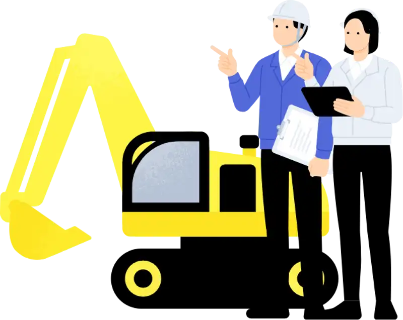 ショベルカーを背景に二人で相談しているイラストの画像