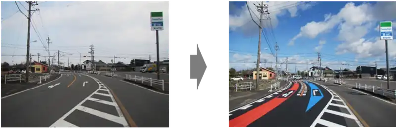 カラー舗装がない道路にカラー舗装を付ける施工前後の写真