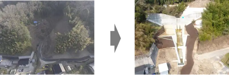 町と山の間に砂防堰堤設置施工前後の写真