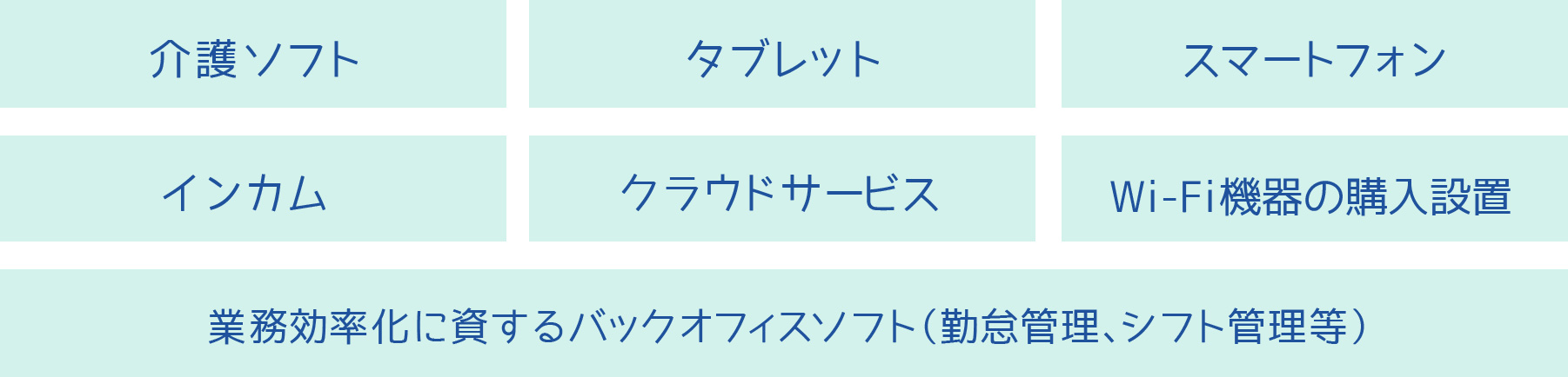 介護ソフト、タブレット、スマートフォン、インカム、クラウドサービス、Wi-Fi機器の購入設置、業務効率化に資するバックオフィスソフト（勤怠管理、シフト管理等）