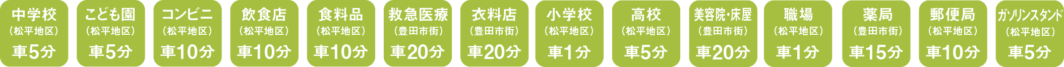 中学校車で5分、こども園車で5分、コンビニ車で10分、飲食店車で10分、食料品車で10分、救急医療車で20分、衣料店車で20分、小学校車で1分、高校車で5分、美容床屋車で20分、職場車で1分、薬局車で15分、郵便局車で10分、ガソリンスタンド車5分