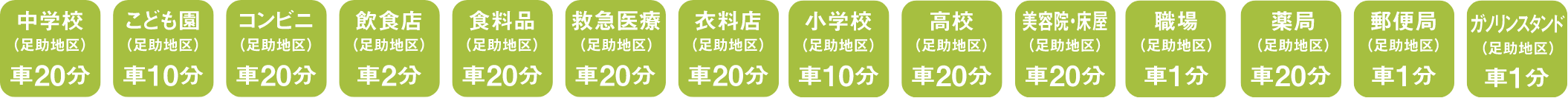 中学校車で20分、こども園車で10分、コンビニ車で20分、飲食店車で2分、食料品車で20分、救急医療車で20分、衣料店車で20分、小学校車で10分、高校車で20分、美容床屋車で20分、職場車で1分、薬局車で20分、郵便局車で1分、ガソリンスタンド車で1分