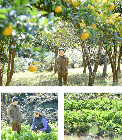 和明さんと畑の写真、河原夫妻の写真、畑の写真