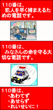 110番は、犯人を早く捕まえるための電話です。110番は、みなさんの命を守る大切な電話です。110番は、あわてず、あせらず、れいせいに！