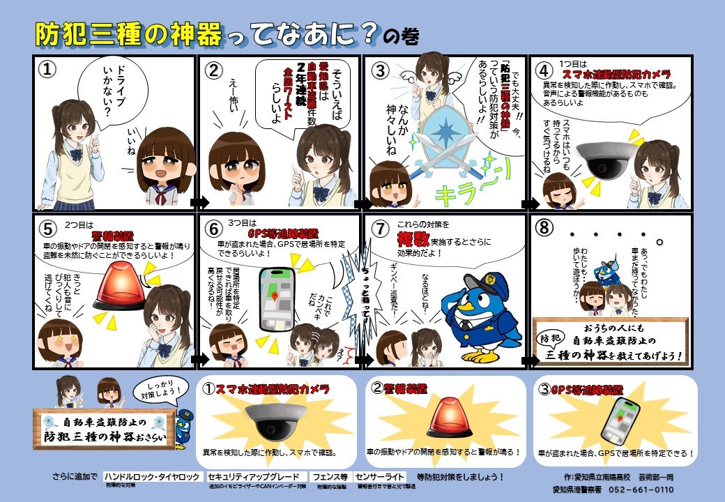 愛知県立南陽高校芸術部生徒の作成「自動車の盗難防止に関する8コマ漫画『防犯三種の神器ってなあに？』」