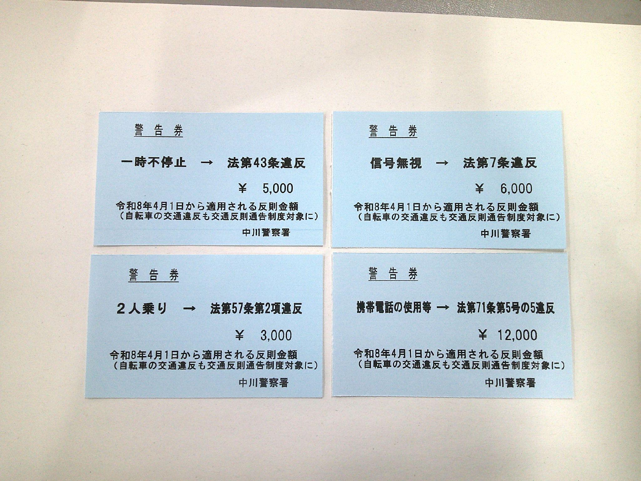 電車の切符を模した青色の警告券（自転車用）