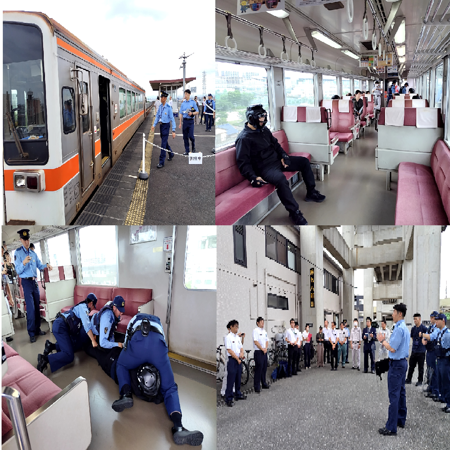 電車内で刃物を持った犯人を逮捕する訓練を行い、防犯講話を行いました。