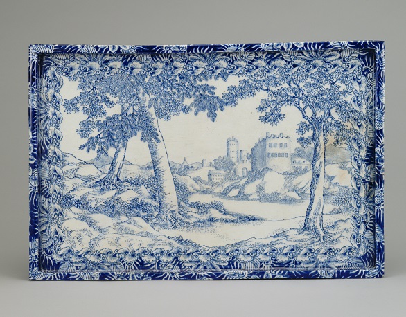藍絵西洋風景図脚付角皿