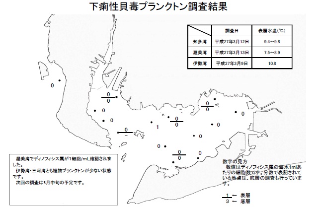 下痢性貝毒原因プランクトン調査結果（平成27年3月9～13日） 