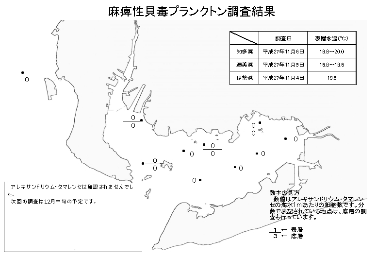 麻痺性貝毒原因プランクトン調査結果（平成27年11月4～6日）