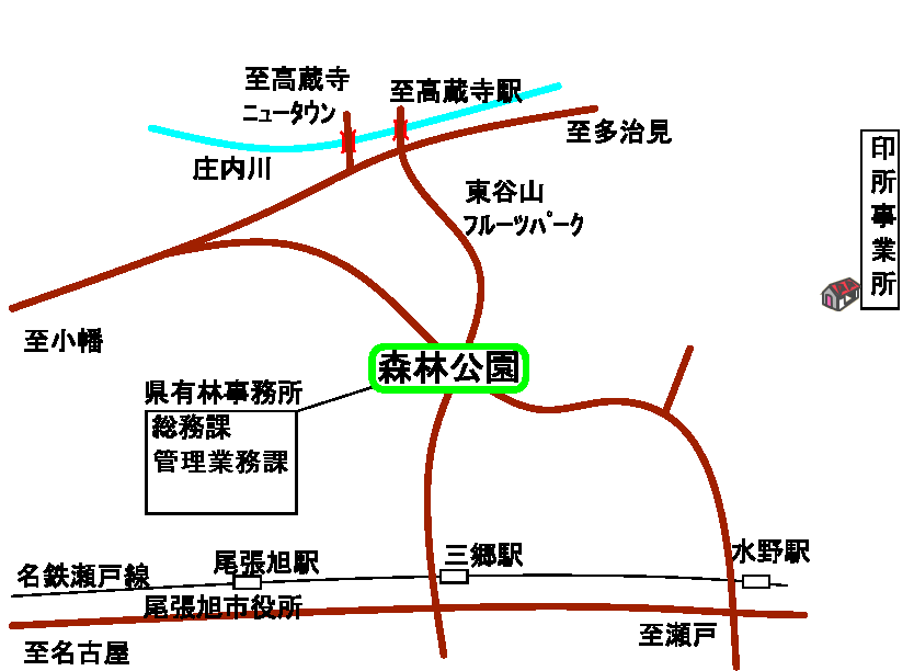 県有林事務所(本所)の位置図