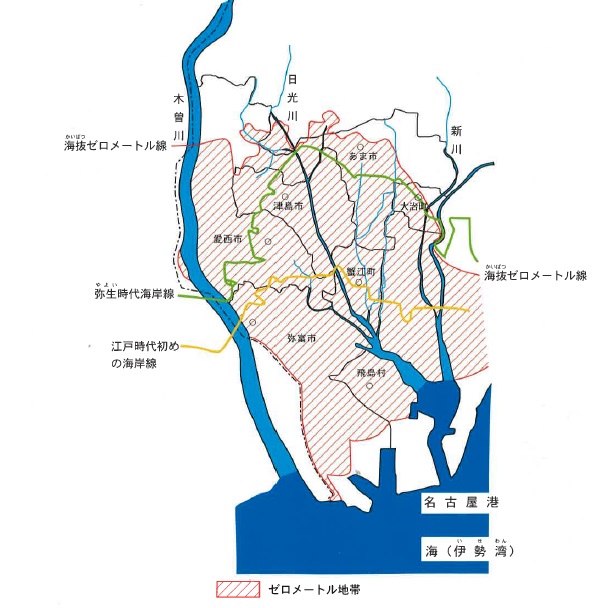 ゼロメートル地帯の図及び海岸線の水位