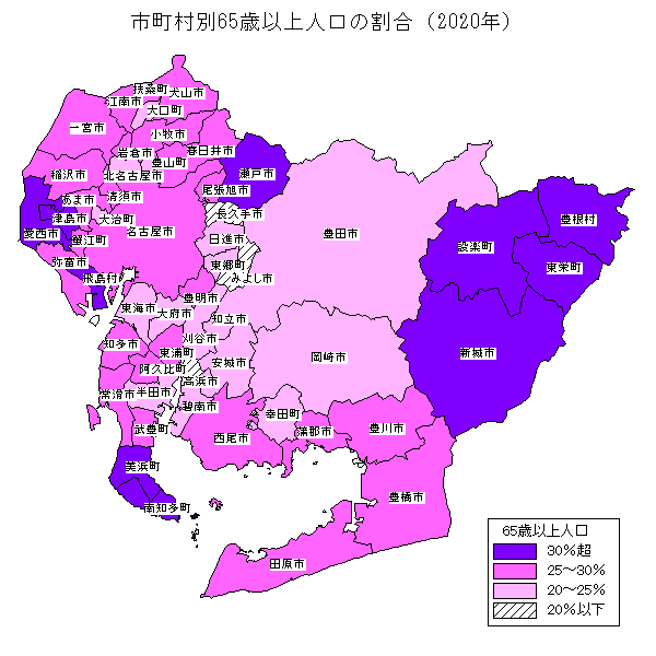 市町村別65歳以上人口の割合（2020年）