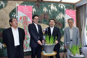 知事に県の花「カキツバタ」が贈呈されました