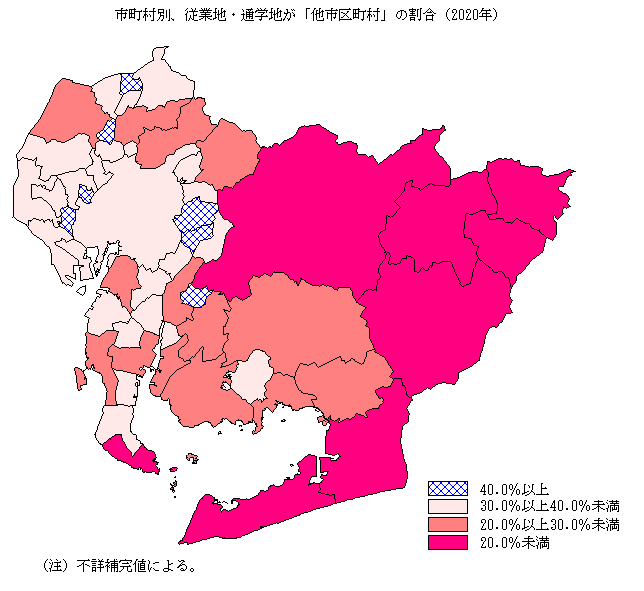 市町村別、従業地・通学地が「他市区町村」の割合（2020年）