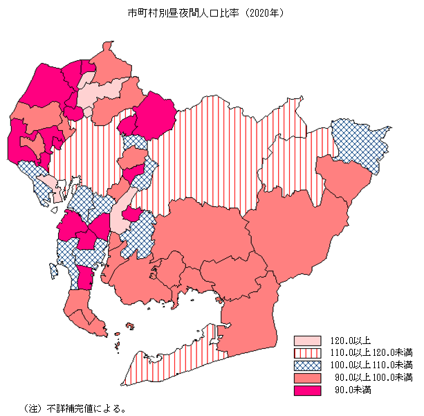 市町村別昼夜間人口比率（2020年）