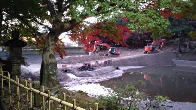 紅葉ため池に赤いキリンが降臨