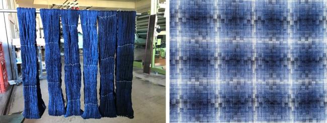 染色した糸（左）と「絣格子」織物（右）