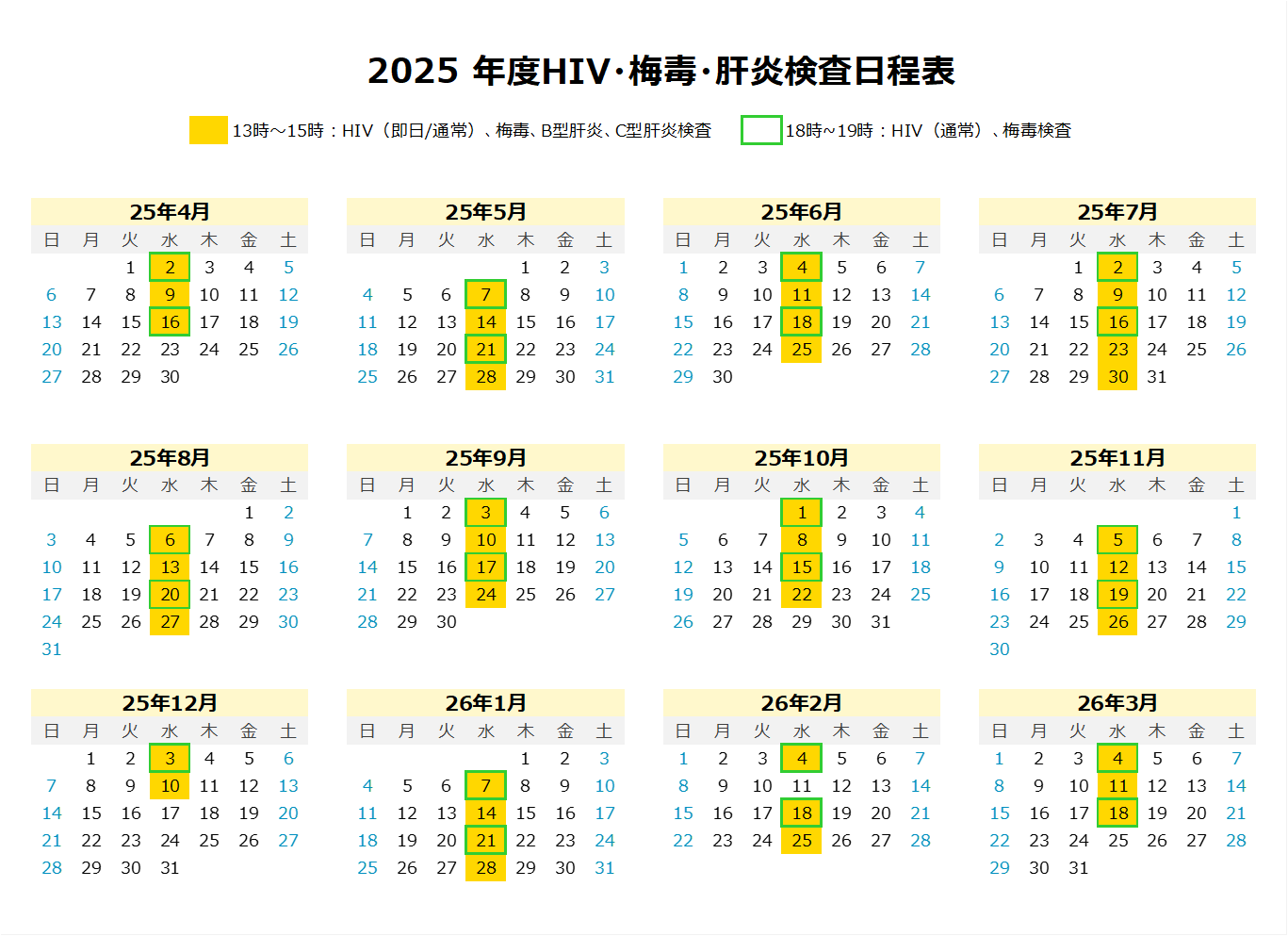 2025年度HIV・梅毒・肝炎検査日程表