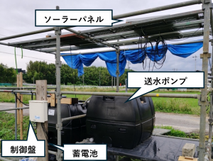 畑に置かれた日射制御型自動かん水装置の解説図