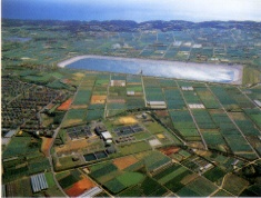 豊橋南部浄水場の全景、奥は万場調整池