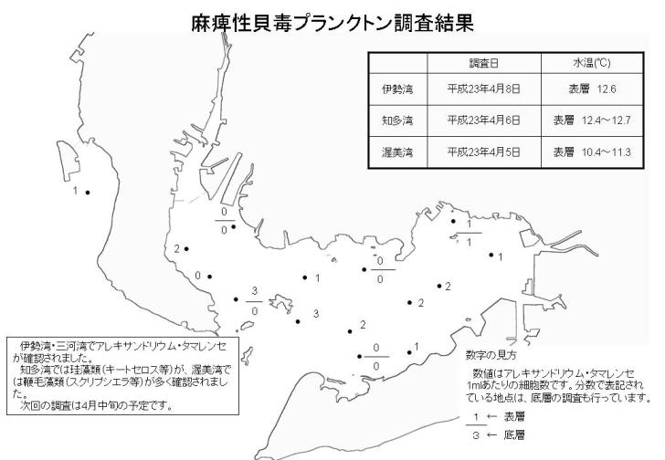 麻痺性貝毒プランクトン調査結果（平成23年4月8日）