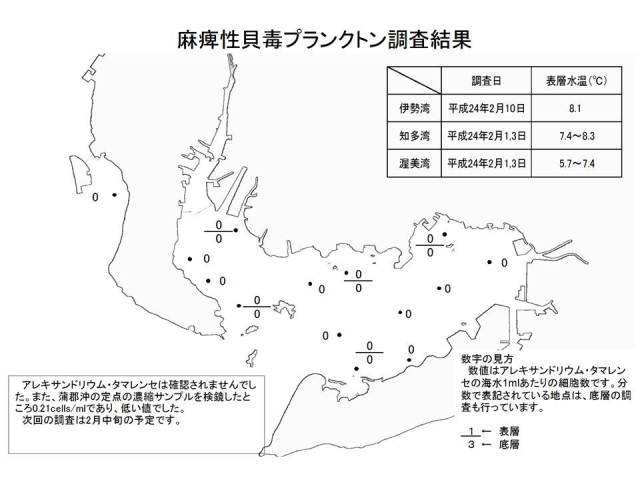 麻痺性貝毒原因プランクトン調査結果（平成24年2月10日） 