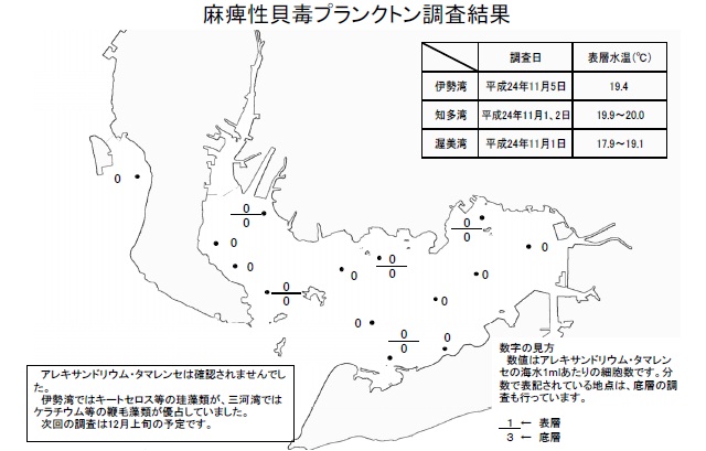 麻痺性貝毒原因プランクトン調査結果（平成24年11月1日） 