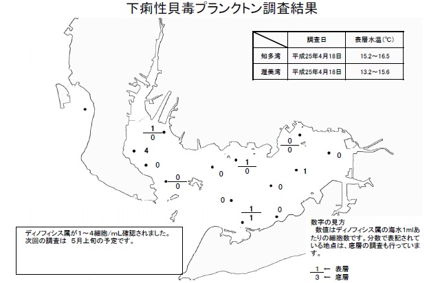 下痢性貝毒原因プランクトン調査結果（平成25年4月18日） 